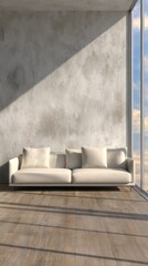 Poster - Minimalist interior with sofa and light on wall, wide angle architectural shot in modern apartment, daytime scene