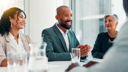 Aufkleber - Meeting, planning and smile with business people in office for review, quarterly profit margin and sales update. Portfolio shareholder, investor feedback and account advisor with employees in agency