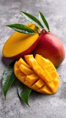 Aufkleber - Close-up of Fresh Mango Fruit with Leaves on Textured Gray Surface, Studio Shot, Healthy Food Concept, Vibrant Colors