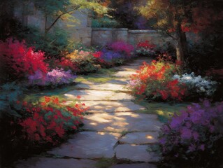 Poster - Stone Path Through Lush Flower Garden Impressionistic Style Painting With Sunlight And Shadow Play In Serene Setting