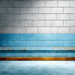Fototapete - Interior Room Scene Featuring a Half Gray and Half Blue Brick Wall with Wooden Paneling and Blue Tile Flooring