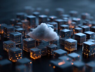 Fototapete - Cloud computing concept abstract digital network of glowing cubes with a soft cloud in the center low angle