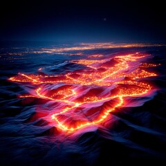 Poster - Luminous Lava Flow: An Abstract View of Oceanic Heat and Urban Lights Against a Dark Night Sky Landscape