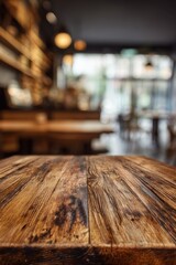 Aufkleber - Rustic wooden table surface in blurred cafe background, close up shot, warm light, natural grain, empty space