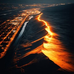 Poster - Nightscape Illumination: A City Lights Up Beside a Dramatic Cliff Face, a stark contrast between urban glow and natural formation.