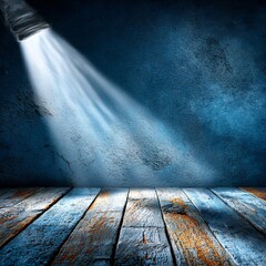 Aufkleber - Spotlight on Texture: A Blue Wall and Weathered Wooden Floor Illuminated in Dramatic Lighting.