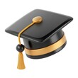 © MOSAMMATRIMI - 3D plastic cartoon icon of a graduation cap with tassel, shiny black and gold colors, soft plastic texture, smooth rounded edges