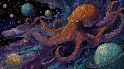 Wall Mural - A large octopus navigating through a vibrant cosmic scene.