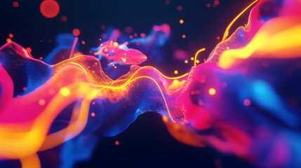 Wall Mural - Abstract Digital Artwork With Glowing Colorful Wavy Lines and Particle Effects on Dark Background