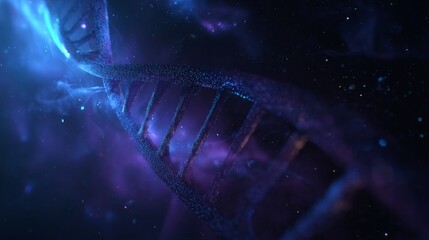 Wall Mural - Abstract Digital Visualization of a Glowing Double Helix DNA Structure Set Against a Blue and Purple Cosmic Space Background