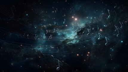 floating musical notes on dark galaxy background, magical and artistic