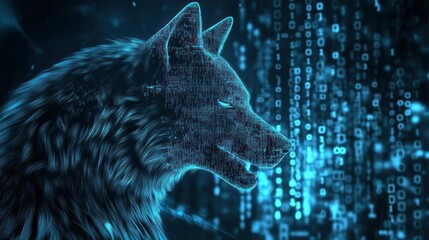 Digital wolf with code. Modern, secure IT data concept