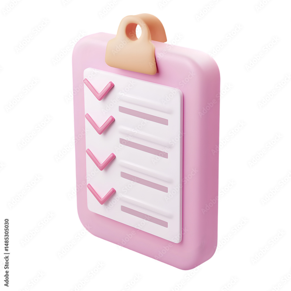 Vibrant pink clipboard with a check list in a 3D rendered style. It is ...