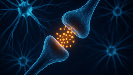 secretion of acetylcholine moving between the dendrites of activated neurons with orange glowing neu