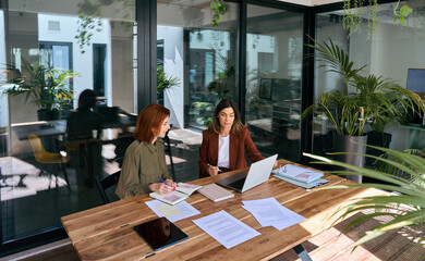 Fototapete - Professional ladies employee and manager having conversation looking at laptop at work. Two busy happy business women of young and middle age talking in green office sitting at desk. Top above view