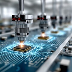 Leinwandbilder - Automated Chip Manufacturing: Robotic Arm Precision and Circuit Board Design, High Tech Innovation.