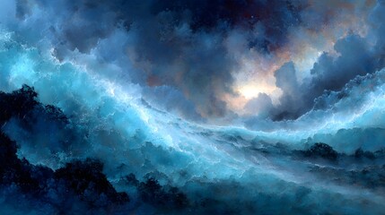 Wall Mural - a breathtaking digital painting depicts a surreal seascape of vibrant blue waves under a dramatic st
