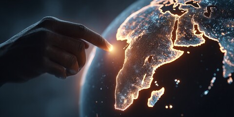 digital rendering of hand touching illuminated africa on globe. tech concept global digital network,