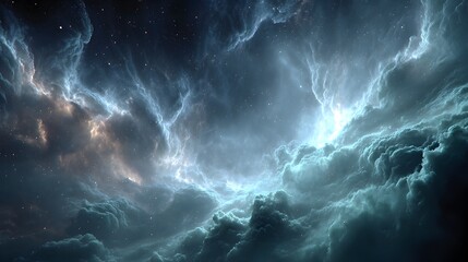 Wall Mural - a breathtaking digital rende depicts a vibrant nebula with swirling clouds and luminous energy forma