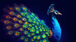 © Zaazaan - Regal Peacock with Partially Fanned Tail on Deep Blue – Symbol of Saraswati, Generative AI Fine Art