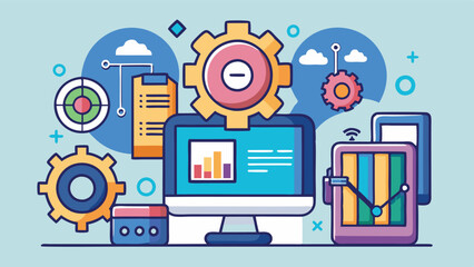 Aufkleber - Creative vector illustration of a desktop computer with graphs, gears, and user interface elements representing data analysis and technology in a modern design