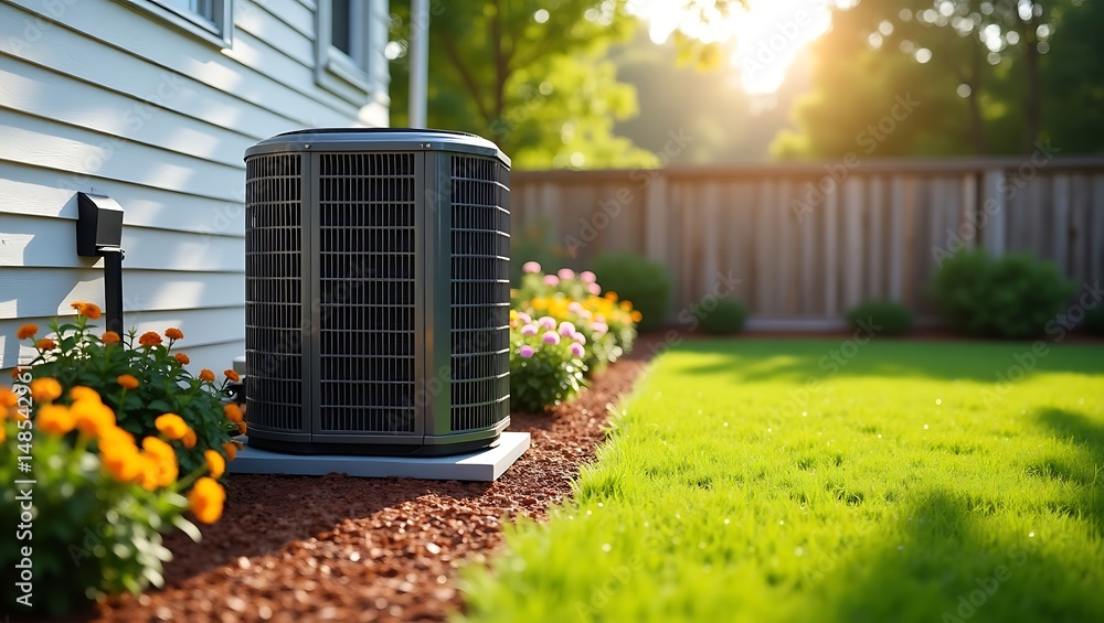 A modern air conditioning unit installed beside a house in a beautiful ...