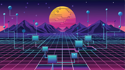 Leinwandbilder - Abstract vector illustration depicting a futuristic landscape with geometric shapes and a vibrant night sky featuring mountains and stars