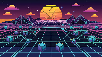 Leinwandbilder - Abstract vector illustration depicting a futuristic landscape with geometric shapes and a vibrant night sky featuring mountains and stars
