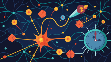 Poster - Vector illustration showing a vibrant cell structure surrounded by abstract microorganisms and clocks, representing the dynamic interactions in cellular biology