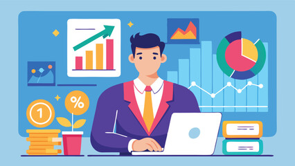 Fototapete - Professional man working on a laptop, analyzing graphs and charts in a modern office environment with plants and organized files around