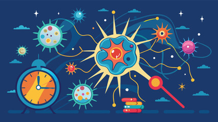 Leinwandbilder - Vector illustration showing a vibrant cell structure surrounded by abstract microorganisms and clocks, representing the dynamic interactions in cellular biology
