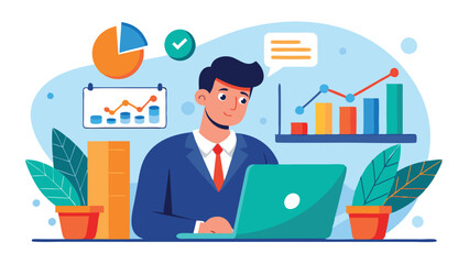 Fototapete - Professional man working on a laptop, analyzing graphs and charts in a modern office environment with plants and organized files around