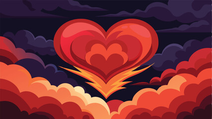 Poster - Bold vector illustration of a vibrant heart surrounded by dynamic clouds and energetic bursts, symbolizing passion and emotion
