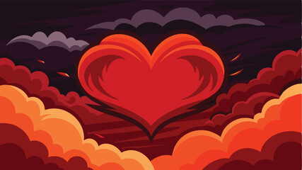 Poster - Bold vector illustration of a vibrant heart surrounded by dynamic clouds and energetic bursts, symbolizing passion and emotion