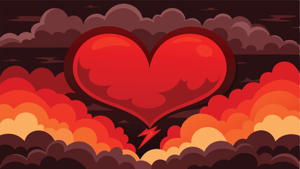 Poster - Bold vector illustration of a vibrant heart surrounded by dynamic clouds and energetic bursts, symbolizing passion and emotion