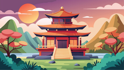 Aufkleber - Beautiful vector illustration of an Asian pagoda surrounded by mountains and trees at sunset with a colorful sky