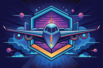 Aufkleber - Colorful vector illustration of an airplane flying through clouds in a vibrant cosmic background with geometric shapes and stylized effects
