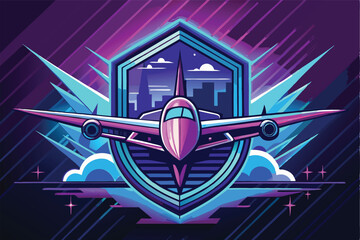 Aufkleber - Colorful vector illustration of an airplane flying through clouds in a vibrant cosmic background with geometric shapes and stylized effects