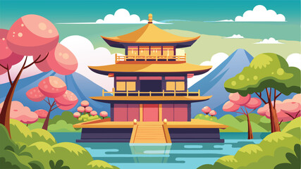 Poster - Beautiful vector illustration of an Asian pagoda surrounded by mountains and trees at sunset with a colorful sky
