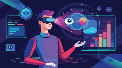 Fototapete - Virtual reality experience with a user wearing VR goggles interacting with digital graphics and data in a futuristic environment