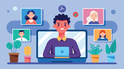 Fototapete - Vector illustration of a man participating in a video conference call at home with colleagues displayed on his screen