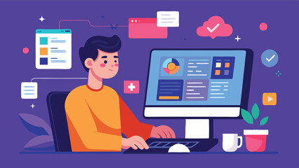 Leinwandbilder - Creative workspace with a young person using a laptop while analyzing data and managing projects in a modern office setting