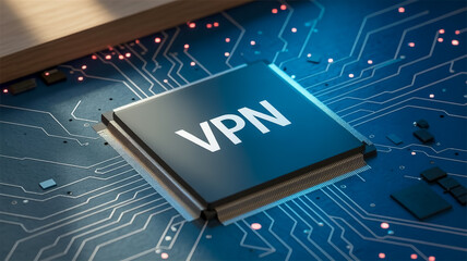 A close-up macro photograph of a black computer processor with VPN written in white text on its surface.