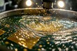 © YUANCEN - Aqua regia chemical bath dissolving circuit boards, swirling gold chloride solution under fume hood safety lights, microscopic electrolysis crystal growth timelapse