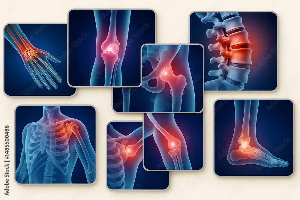 Medical collage showing joint pain in human body, orthopedic ...