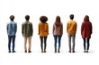 © Liliya - Group of six diverse young adults standing in a row facing away from the camera against a white background, showing casual autumn clothing and relaxed posture
