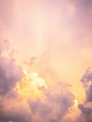 Wall Mural - Soft Pastel Sky with Fluffy Clouds at Sunset, Blushing Hues of Pink, Orange, and Lavender Creating a Serene and Dreamy Atmosphere Overhead