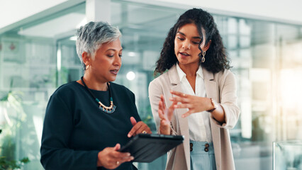 Poster - Feedback, tablet and business women in office for project, planning and collaboration. Professional, teamwork and meeting for mentor advice with digital tech for online report, research and website