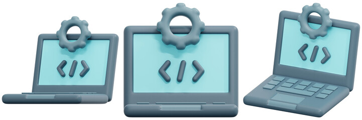 set of blue laptops with code and gear icons 3d render icon illustration
