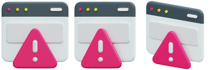 Set of Website Error Icons Pink Warning Triangles on White Browser Screens 3d Render Icon Illustration